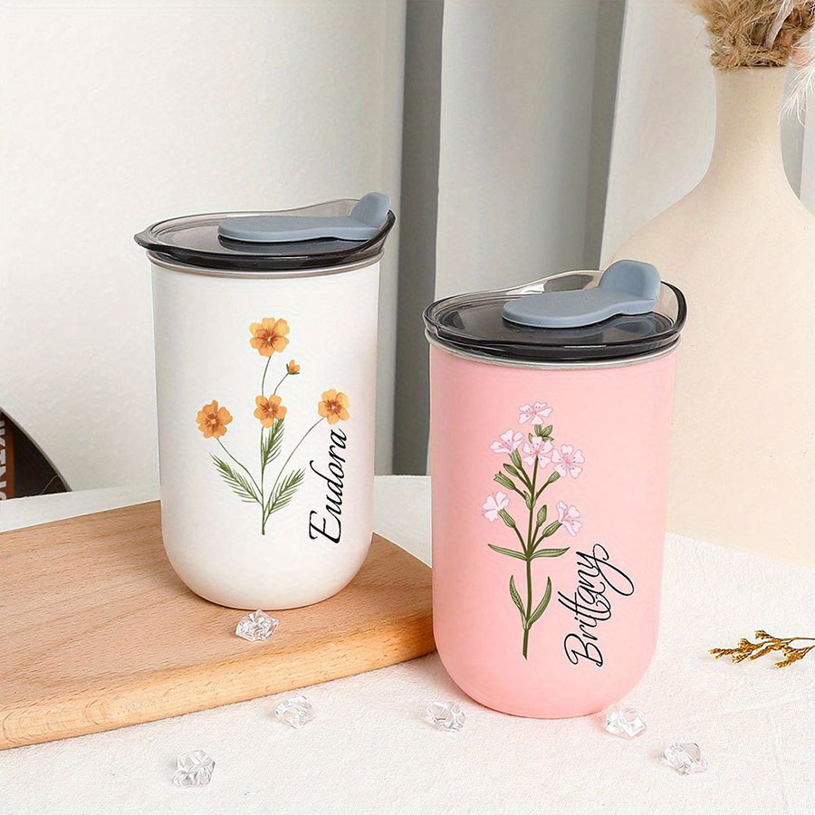 Coffee Equipment Names - แก้วเก็บความร้อนสแตนเลสพิมพ์ลายดอกไม้ตามวันเกิดพร้อมชื่อเฉพาะตัว ฝาปิดแบบพลิกได้