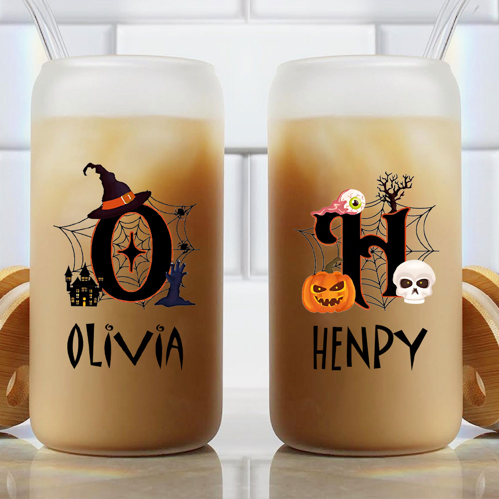 Coffee Equipment Names - แก้วแก้วน้ำแก้วใสพิมพ์ลายชื่อสำหรับฮาโลวีนพร้อมฝาไม้ไผ่, แก้วกาแฟเย็นลายหมวกแม่มดและฟักทอง, แก้วน้ำส่วนตัวสำหรับเทศกาลฤดูใบไม้ร่วง